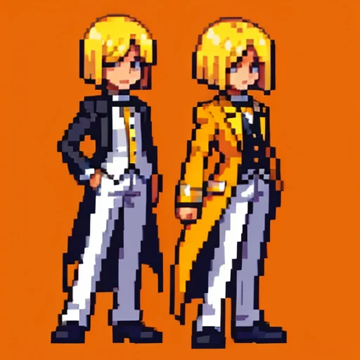 Pixel art, full body, facing left (important), alone, standing upright, long sleeve tuxedo with open front, boots. Hair color: Light medium blonde bob with parted bangs. Clothes: He wears an orange long-sleeved tuxedo with an open front and a yellow vest underneath. Trousers: white pants. Shoes: Yellow boots.