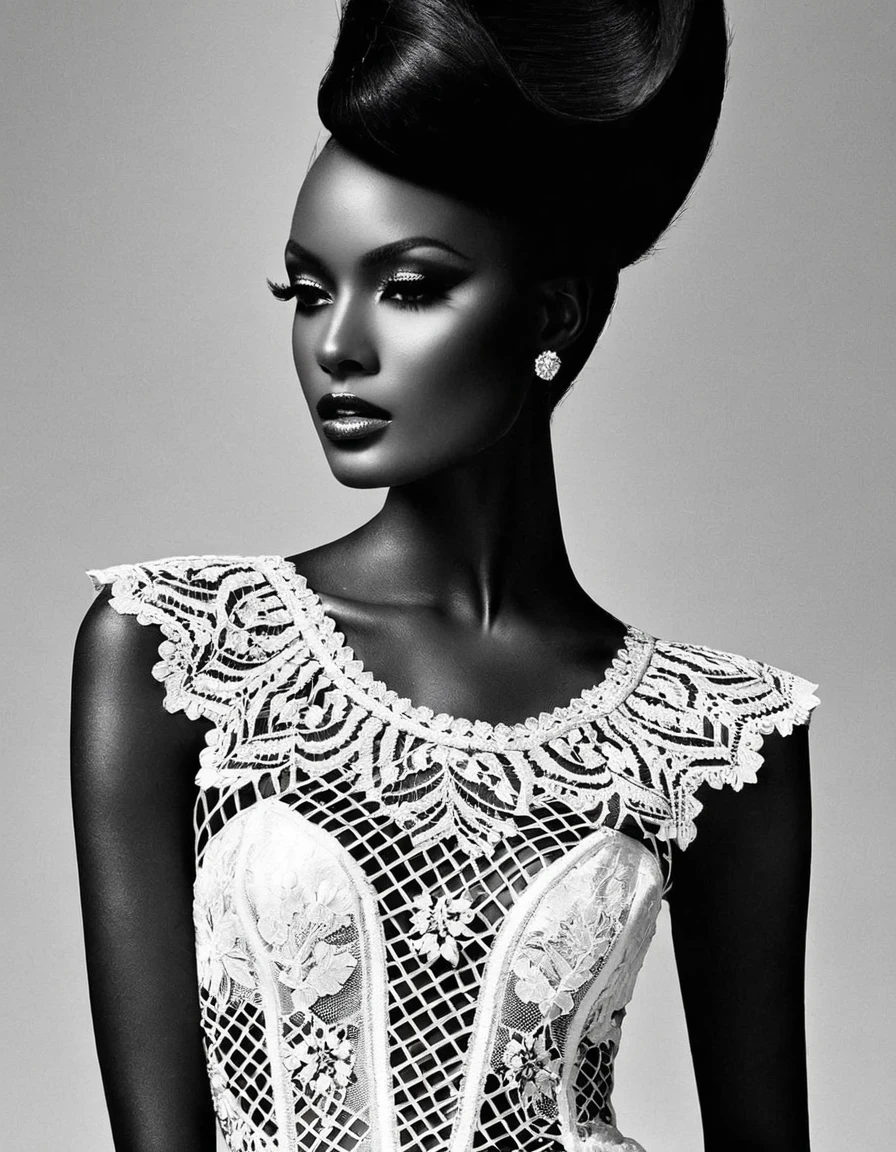 Black and White Fashion Photography，Black model，Haute couture dresses，Lace，Hollow，silk，