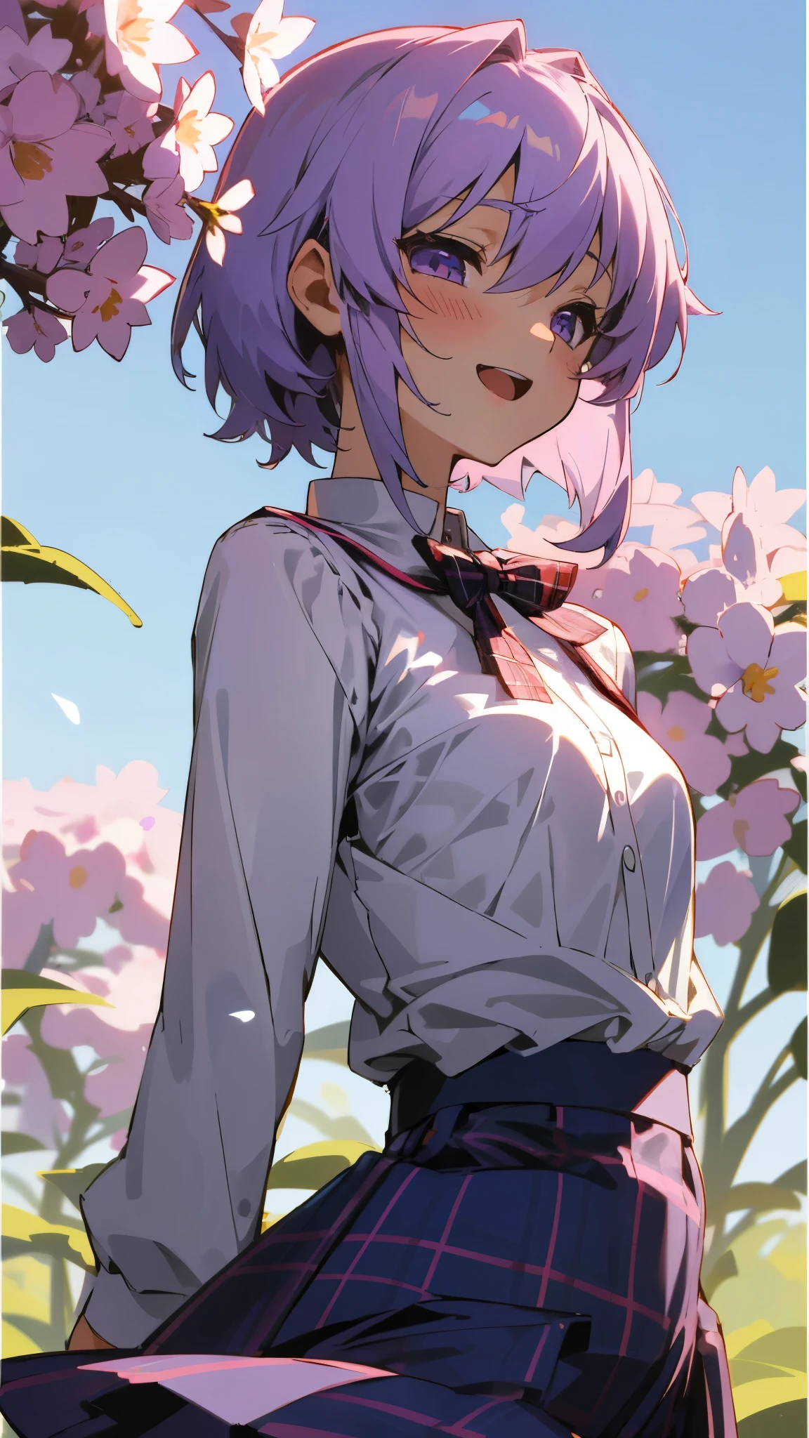 １girl、Yuitsuki Yukari、18-year-old、Small breasts、Slim figure、Light purple hair、short hair、(Hair between the eyes) )、white blouse shirt、Tartan Check Skirt、Upper body close-up、From the side、Laughter、blue sky、Background of blooming red flowers、Background Blur、Depth of the drawn border