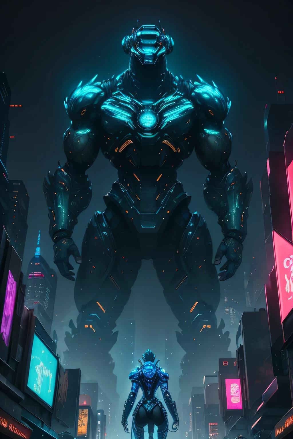 Epic 8K, 16:9 image: A tantalizing clash between two titans of cybernetic lore - Kong (cybermonster) and Godzilla (cybermekhana). In the heart of a dystopian metropolis, these colossal figures stand, their towering silhouettes casting long, ominous shadows.
Their cybernetic forms gleam under the pulsating neon glow of the city, shimmering with an array of electric blues and dazzling silvers. The intricate details of their mechanics, each fractal-like structure and wiring, are rendered with the utmost photo-realism, showcasing