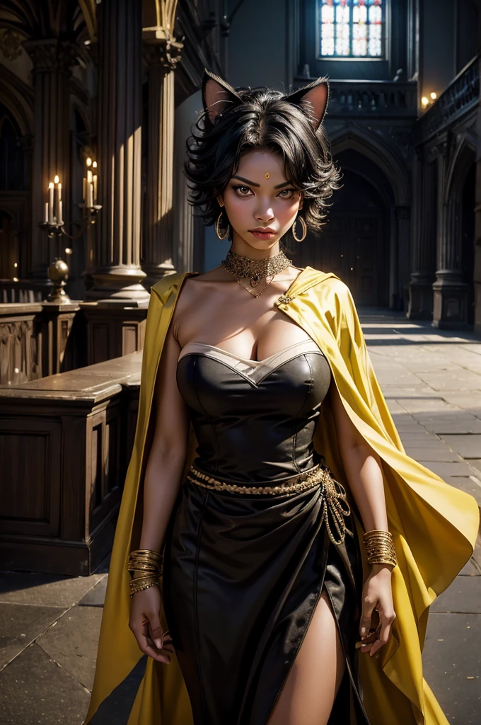 highres, masterpiece,best quality,original,extremely detailed CG,extremely detailed wallpaper,perfect lighting,looking at viewer,bare hands,1girl, SiennaKhan,short hair,black hair,animal ears,yellow eyes,cat ears,dark skin,dark-skinned female,gloves,jewelry,earrings,cape,facial mark,cleavage cutout,hoop earrings, standing, in gothic library, closed mouth, serious look, serious expression, looking at viewer,