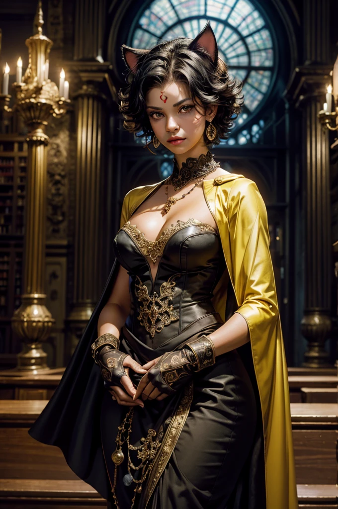 highres, masterpiece,best quality,original,extremely detailed CG,extremely detailed wallpaper,perfect lighting,looking at viewer,bare hands,1girl, SiennaKhan,short hair,black hair,animal ears,yellow eyes,cat ears,dark skin,dark-skinned female,gloves,jewelry,earrings,cape,facial mark,cleavage cutout,hoop earrings, standing, in gothic library, closed mouth, serious look, serious expression, looking at viewer,