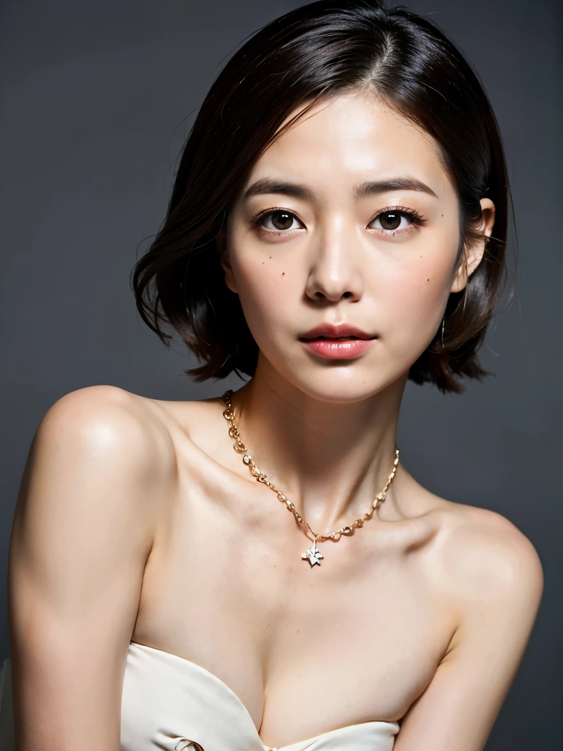 (highest quality, 8k, 32k, masterpiece, Ultra-high resolution: 1.2), Cute Japanese 50 year old woman photos, Upper Body, nude、 necklace, Simple Background, Look around, large bust with drooping、short hair、Thick eyebrows、Narrow eyes