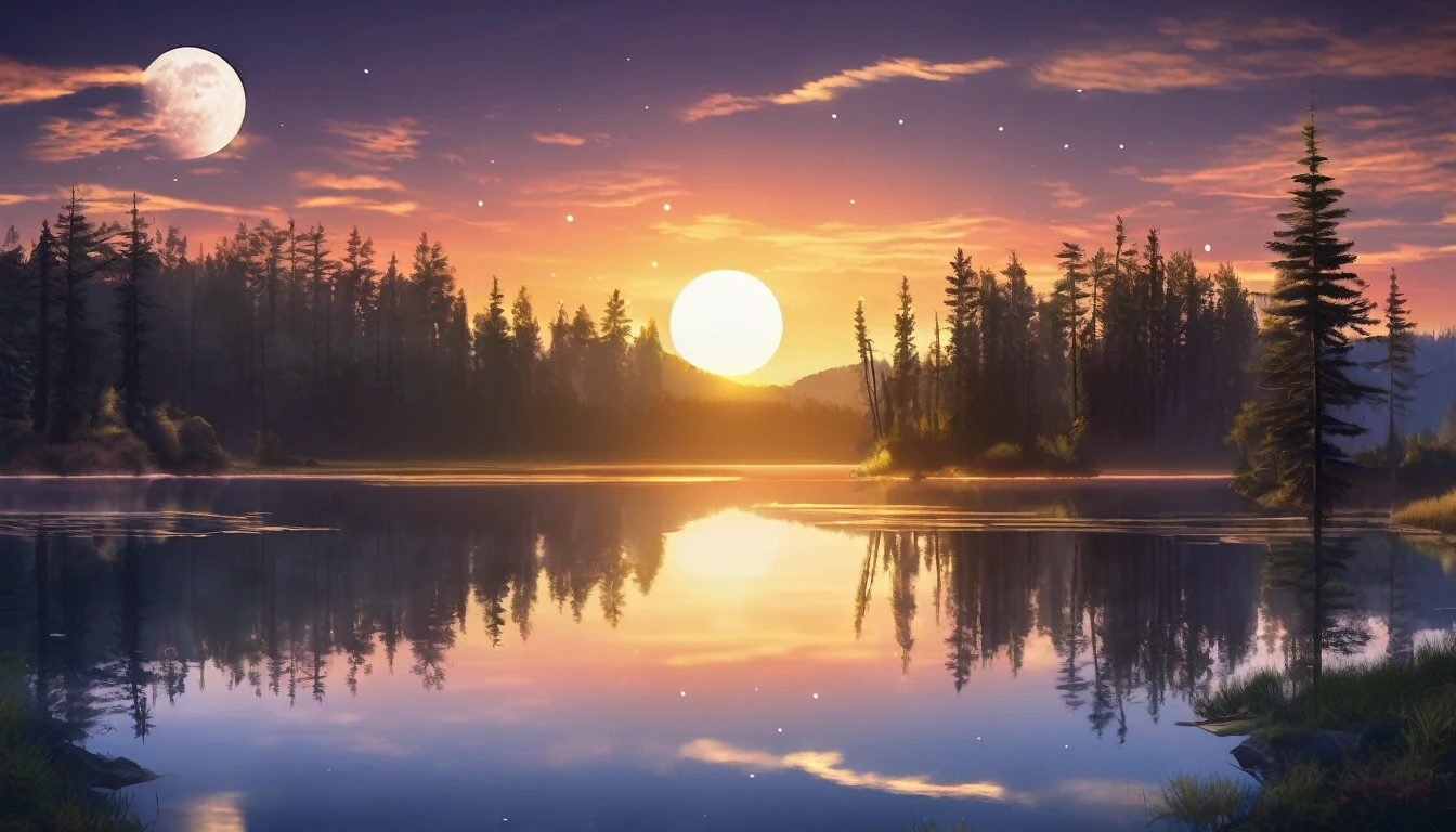 A mesmerizing landscape where the moon and the sun are visible at the same time. The sky blends sunset and night, creating a soft, diffused light. The background features a serene forest and a lake, with the reflections of the moon and sun shimmering on the water. Overall, a relaxing natural scene.