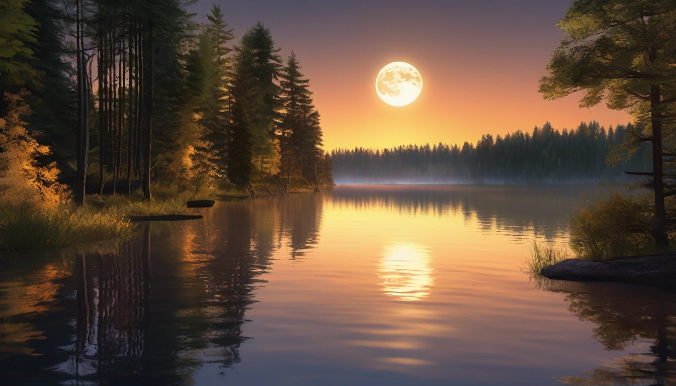 A mesmerizing landscape where the moon and the sun are visible at the same time. The sky blends sunset and night, creating a soft, diffused light. The background features a serene forest and a lake, with the reflections of the moon and sun shimmering on the water. Overall, a relaxing natural scene.
