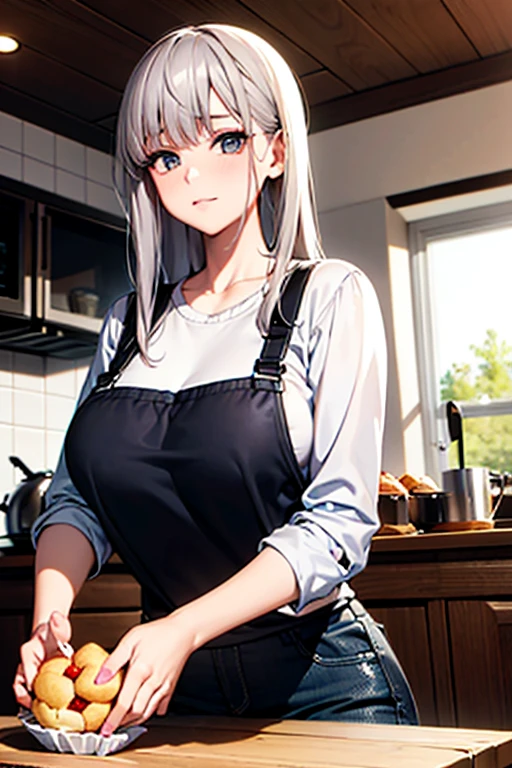 2D impressionist illustration of a Russian girl in her early 20s with ash-gray hair creating a giant cream puff in the kitchen of a pastry shop.