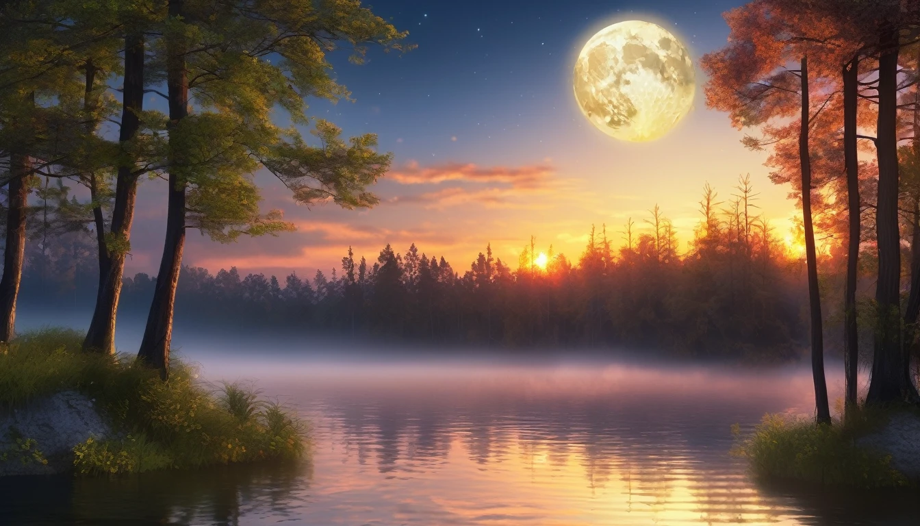 A mesmerizing landscape where the moon and the sun are visible at the same time. The sky blends sunset and night, creating a soft, diffused light. The background features a serene forest and a lake, with the reflections of the moon and sun shimmering on the water. Overall, a relaxing natural scene.