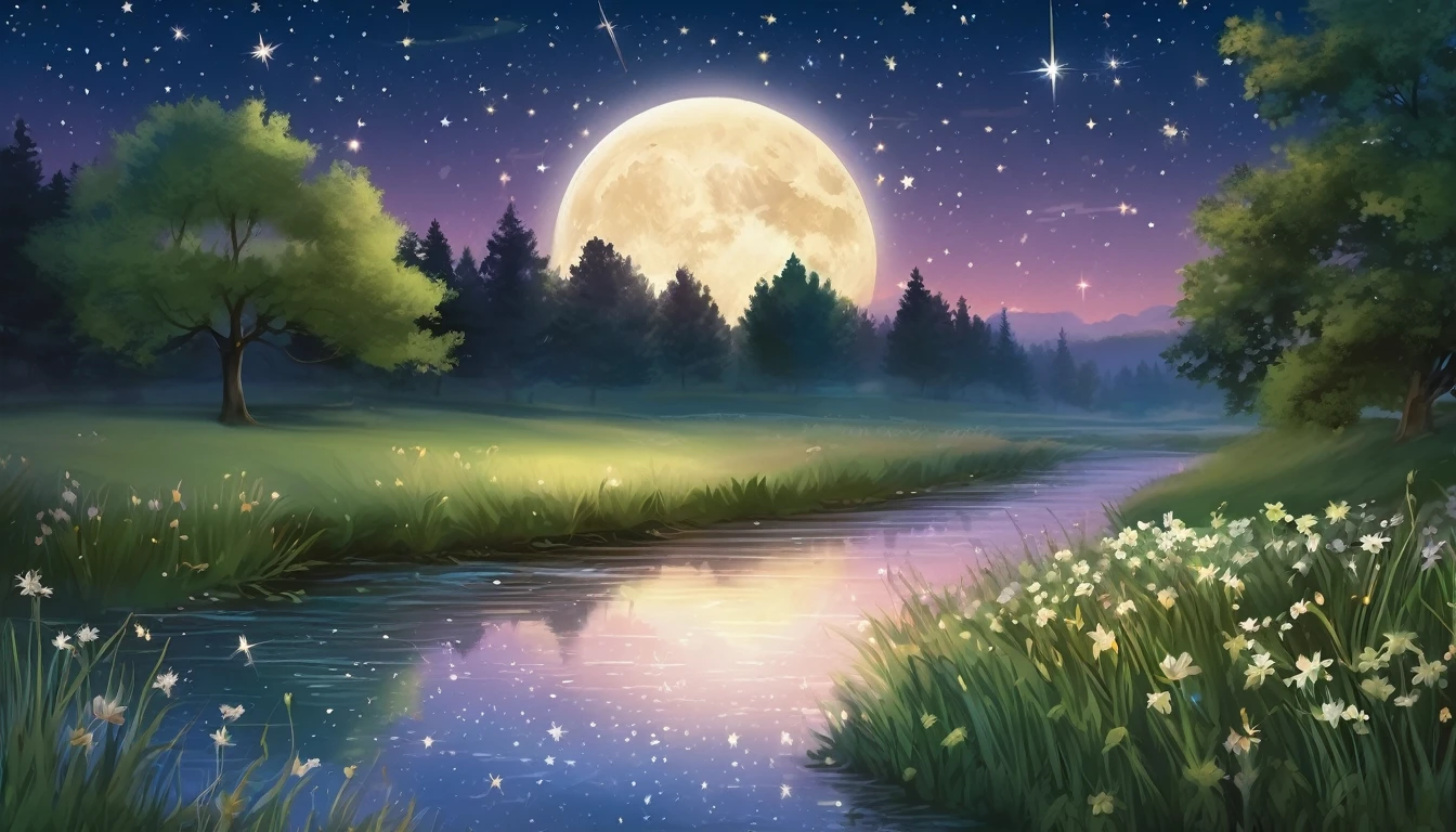 A tranquil night sky filled with twinkling stars and a few shooting stars streaking across. The background includes a peaceful meadow and a gentle stream, illuminated by the soft glow of the moonlight. A scene perfect for relaxation.