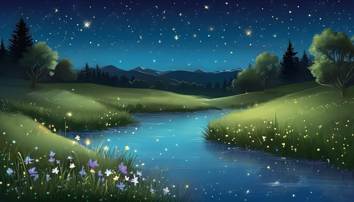 A tranquil night sky filled with twinkling stars and a few shooting stars streaking across. The background includes a peaceful meadow and a gentle stream, illuminated by the soft glow of the moonlight. A scene perfect for relaxation.