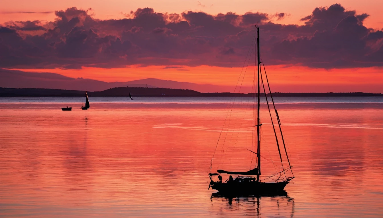 A calm ocean at sunset, where the sky is painted in warm hues of orange and pink. Gentle waves lap against the shore, and a few sailboats are silhouetted against the horizon. The scene is serene and perfect for unwinding.
