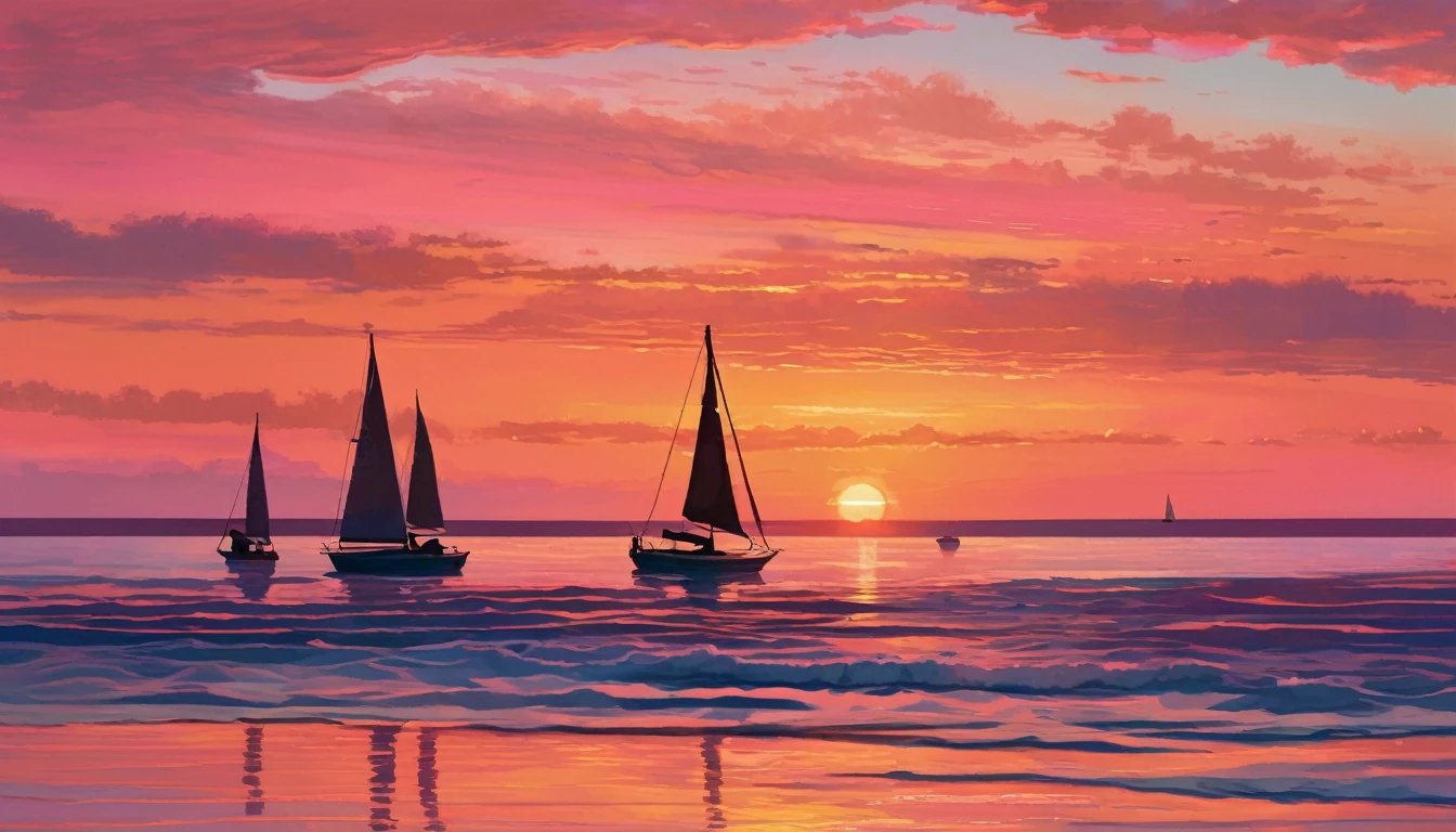 A calm ocean at sunset, where the sky is painted in warm hues of orange and pink. Gentle waves lap against the shore, and a few sailboats are silhouetted against the horizon. The scene is serene and perfect for unwinding.
