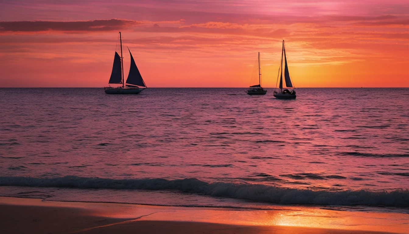 A calm ocean at sunset, where the sky is painted in warm hues of orange and pink. Gentle waves lap against the shore, and a few sailboats are silhouetted against the horizon. The scene is serene and perfect for unwinding.