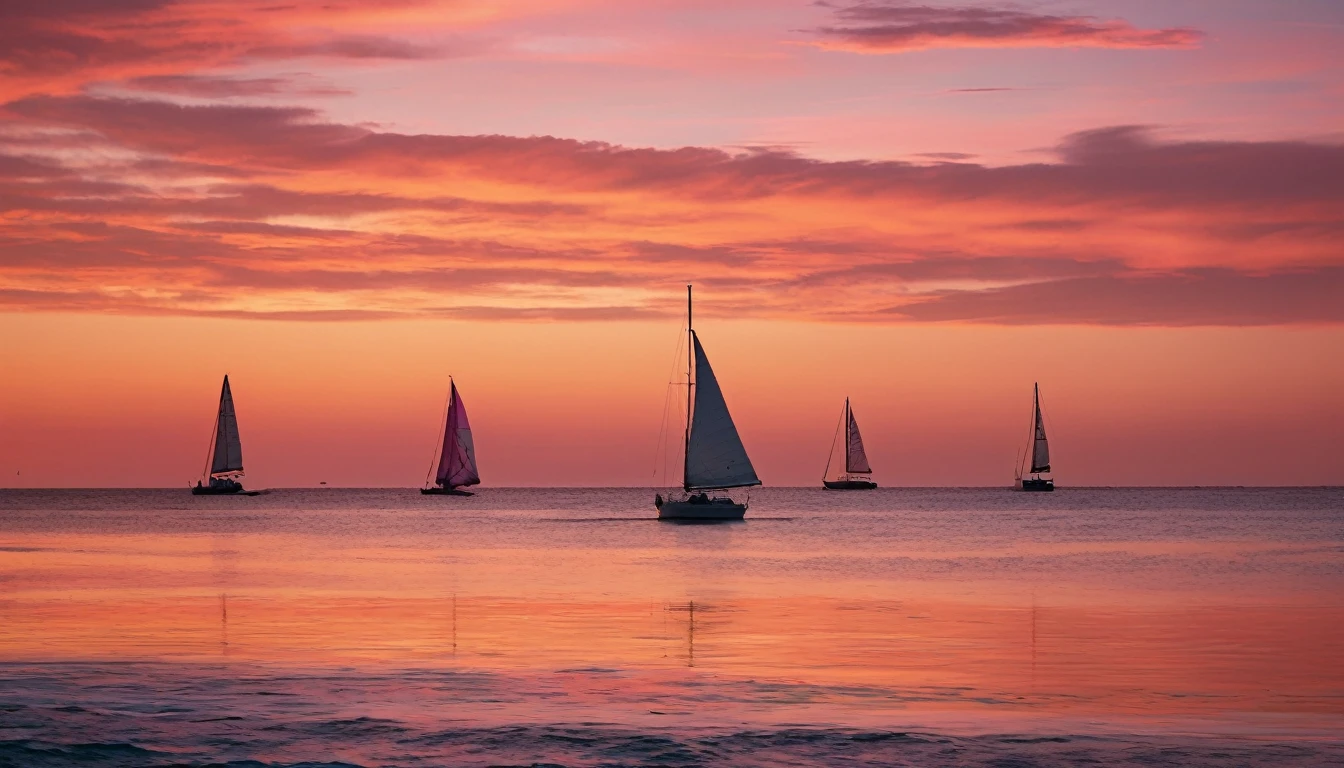 A calm ocean at sunset, where the sky is painted in warm hues of orange and pink. Gentle waves lap against the shore, and a few sailboats are silhouetted against the horizon. The scene is serene and perfect for unwinding.