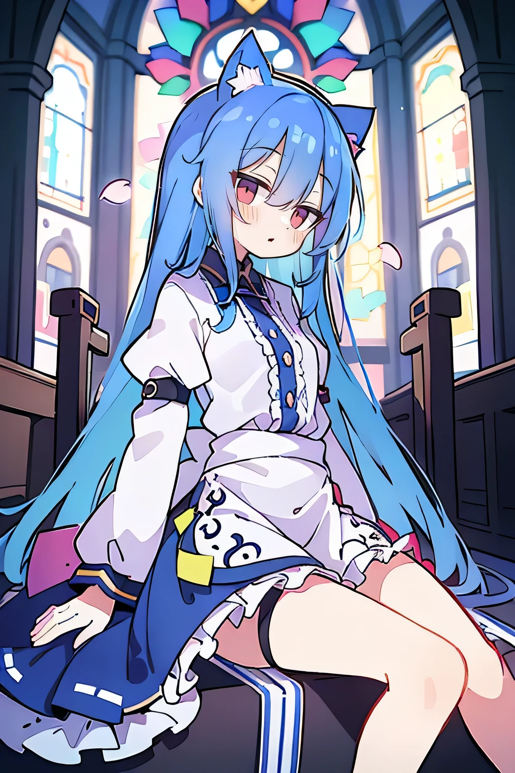 (masterpiece:1.2),Extremely detailed,Practical,expressive eyes,Fair skin,Perfect face shaping,1 Girl,
Japanese cartoons,Gorgeous blue hair, the long flowing blue hair,Floating clothes,Cat ears,Petals fall,beautiful lola,Young Angel,
Place your hands on your waist,sit elegantly on the ground,Cross your legs,Gentle and peaceful background,church,nun.