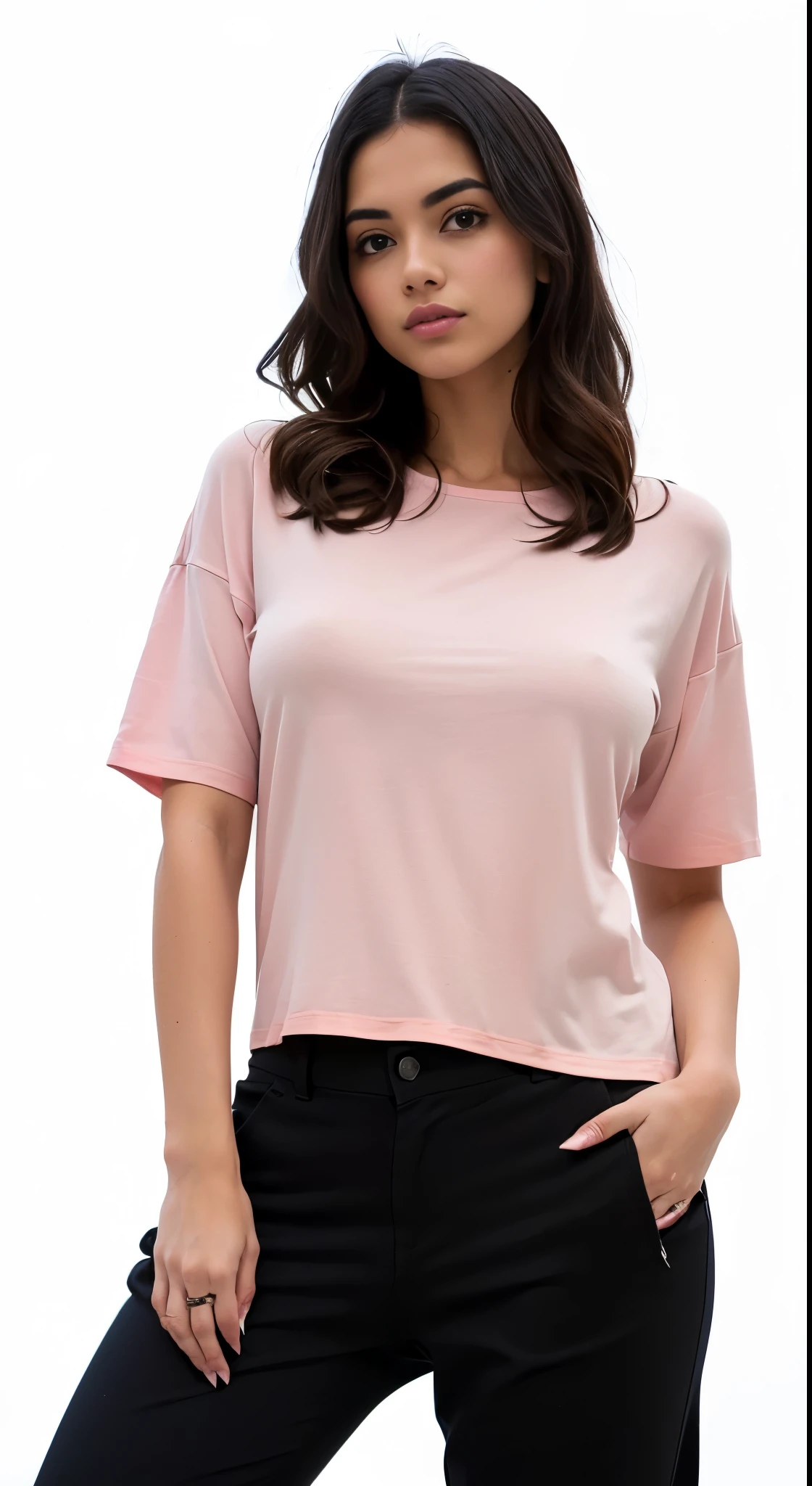 a white woman in a rosa camisa and black pants posing for a picture, rosa camisa, rosa clothes, essence, foto do produto, light rosa, t - camisa, t-camisa, pastel rosa, Roupa casual, Manga curta, onyx, centre image, rosa, camisa, violet coloured t-camisa, with ripped crop t - camisa, machado, blush claro, rosa pastel