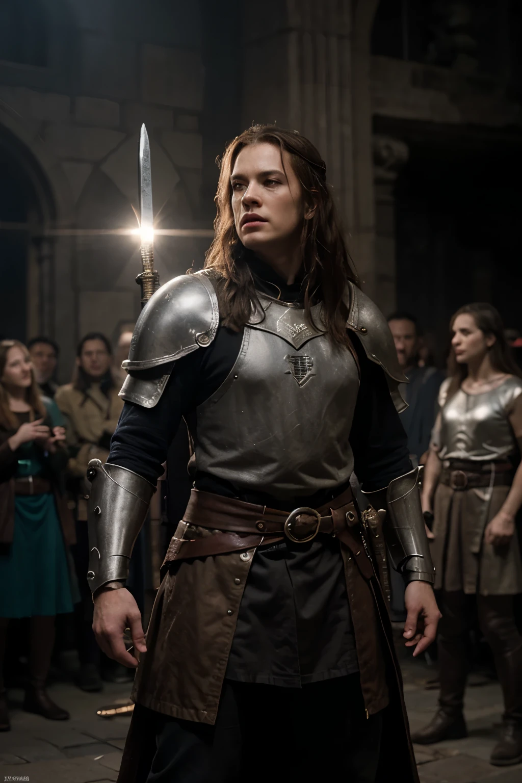 Epic shot high detail fantasy film, inspired in The Lord Of The Rings, Rohirrim, knight, red beard, male, dynamic pose, full body, sword & shield, dark, ethereal, mid shot, spetacular moment, amazing, godlight, beauty, hull hue, close-up, masterpiece, Canon EOS-1D X Mark II, realistic, dramatic Lighting, high detailed, 32k
