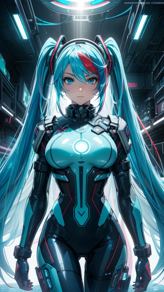 ((Highest quality))、(masterpiece)、Hatsune Miku VOCALOID、(Twin tails)、Light blue hair、Water-colored pupils、cyber punk、Ultimate Physical Beauty、Big Ass、(Big Breasts)、Bodysuits、Sexy pose、 has electronic visor fitted to her face、red latex body、cyber punkモード、(Light blue hair:1.4),Breast enlargement、Neon lights in the dark city at night,Unreal Engine:1.4,Ultra-high resolution,La highest quality:1.4, Realistic:1.4, Skin Texture:1.4, masterpiece:1.8,masterpiece, highest quality,(Beautifully detailed eye depiction)