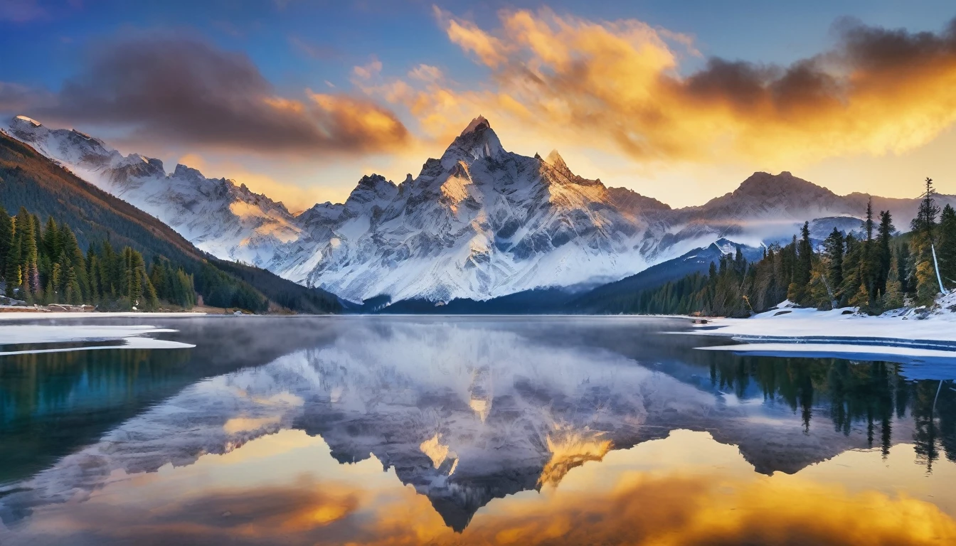 A breathtaking view of snowy mountains at sunrise. The peaks are bathed in a golden glow, and the sky is a brilliant shade of blue. Below, a frozen lake reflects the beauty of the scene, creating a serene and peaceful atmosphere.