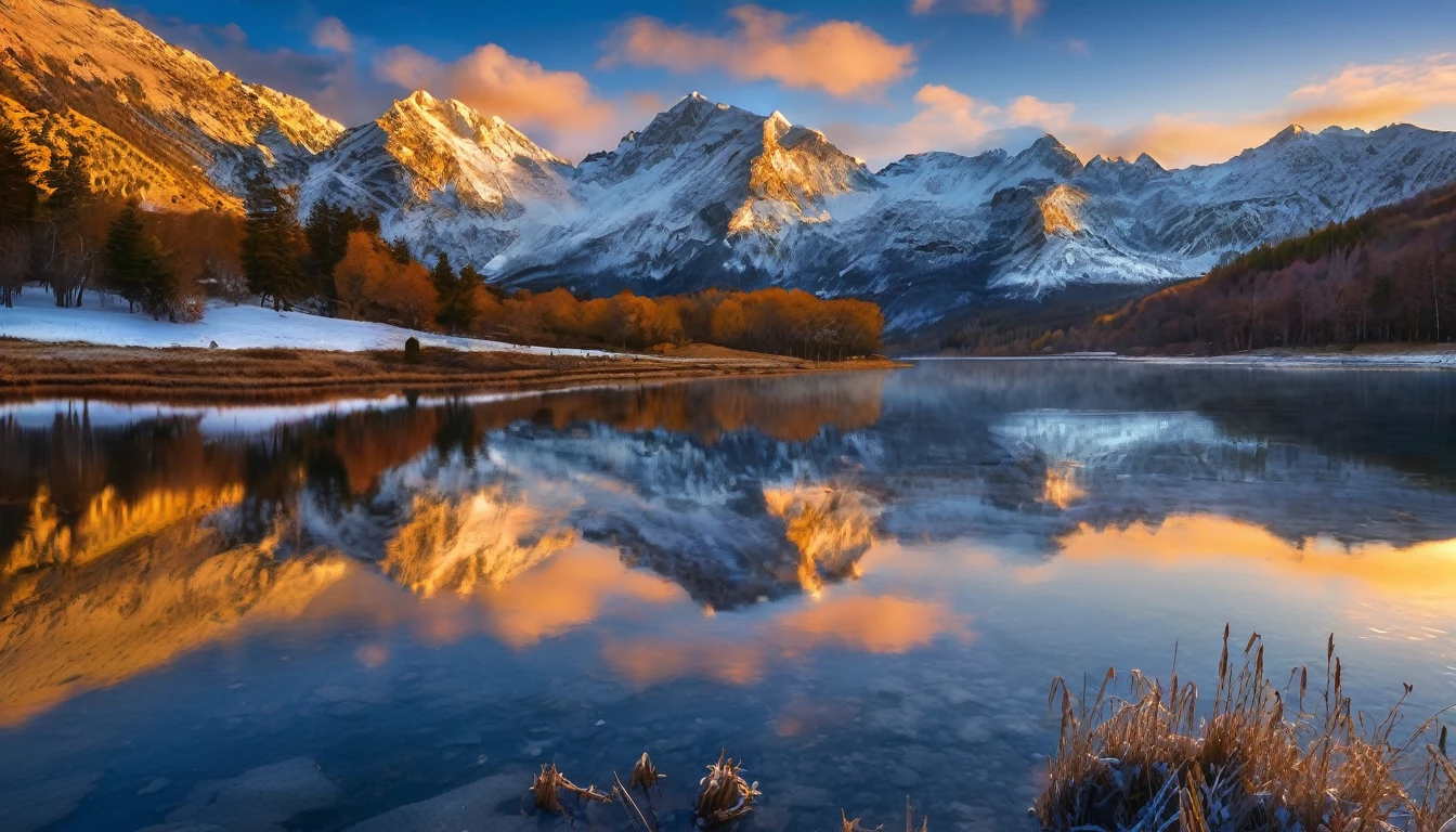 A breathtaking view of snowy mountains at sunrise. The peaks are bathed in a golden glow, and the sky is a brilliant shade of blue. Below, a frozen lake reflects the beauty of the scene, creating a serene and peaceful atmosphere.