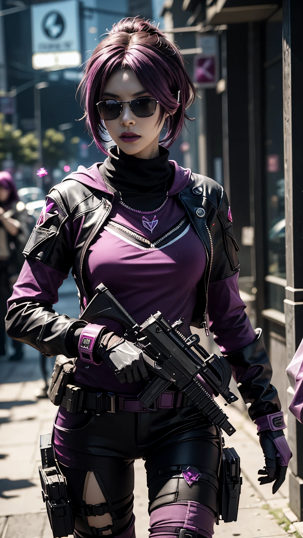 8K, UHD, masterpiece, 1 girl, detailed face, smart face, ((sunglasses)), detailed eyes, sniper rifle in hand, battleroyal, call of duty cosplay, call of duty modern warfare 3, ((ghost tribe)), ((magenta and black cosplay:1.5)), belts, gun, methic gun, futuristic art, cyberpunk lihting, ultra extreme graphics, RTX 4090, ray tracing, bloom, depth of field, motion blur,