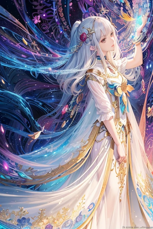 Wear a long skirt、A woman with long flowing hair, Beautiful celestial mage, galaxy goddess, anime fantasy illustrations, white-haired god, anime goddess, Beautiful fantasy anime, beautiful anime artwork, ((beautiful fantasy empress)), Anime fantasy artwork, beautiful anime art, detailed anime art, Cosmic hair anime girl, Belle peinture de personnage, Detailed anime artwork