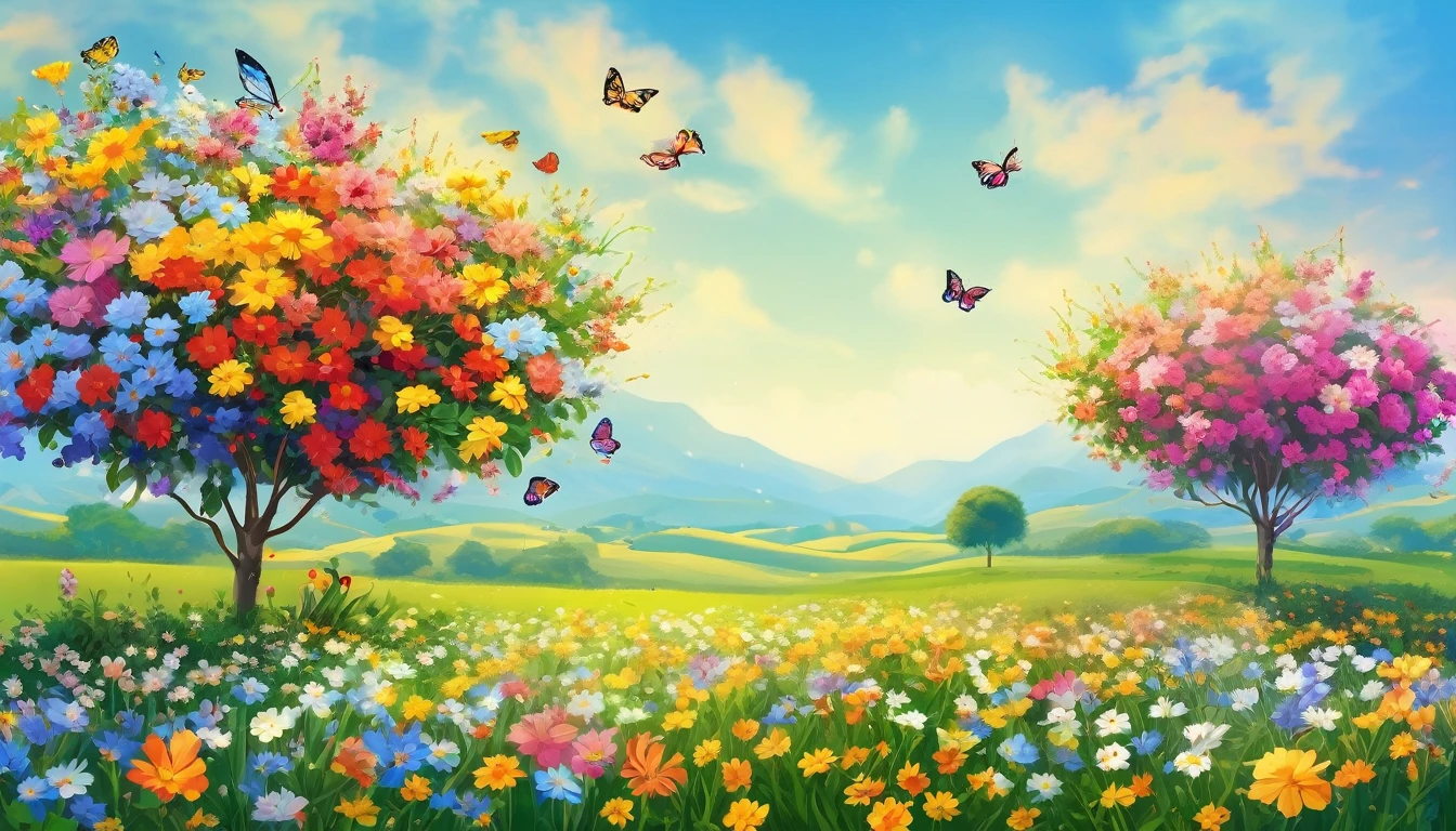 A vibrant field of blooming flowers under a clear blue sky in the afternoon. Butterflies flit from flower to flower, and a gentle breeze carries the sweet scent of blossoms. The scene is full of life and tranquility.
