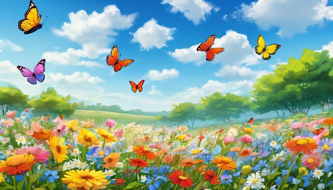 A vibrant field of blooming flowers under a clear blue sky in the afternoon. Butterflies flit from flower to flower, and a gentle breeze carries the sweet scent of blossoms. The scene is full of life and tranquility.