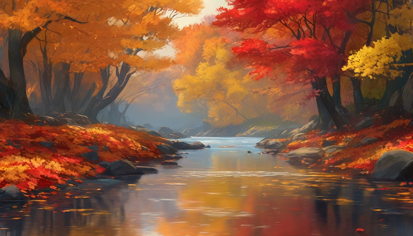 An autumnal scene by a slow-moving river, where the trees are ablaze with red, orange, and yellow leaves. The river reflects the brilliant colors, and fallen leaves float gently on the water's surface. The atmosphere is calm and reflective.
