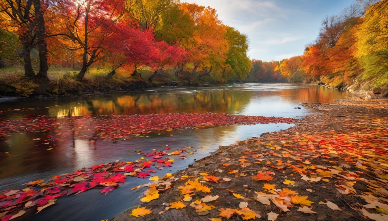 An autumnal scene by a slow-moving river, where the trees are ablaze with red, orange, and yellow leaves. The river reflects the brilliant colors, and fallen leaves float gently on the water's surface. The atmosphere is calm and reflective.