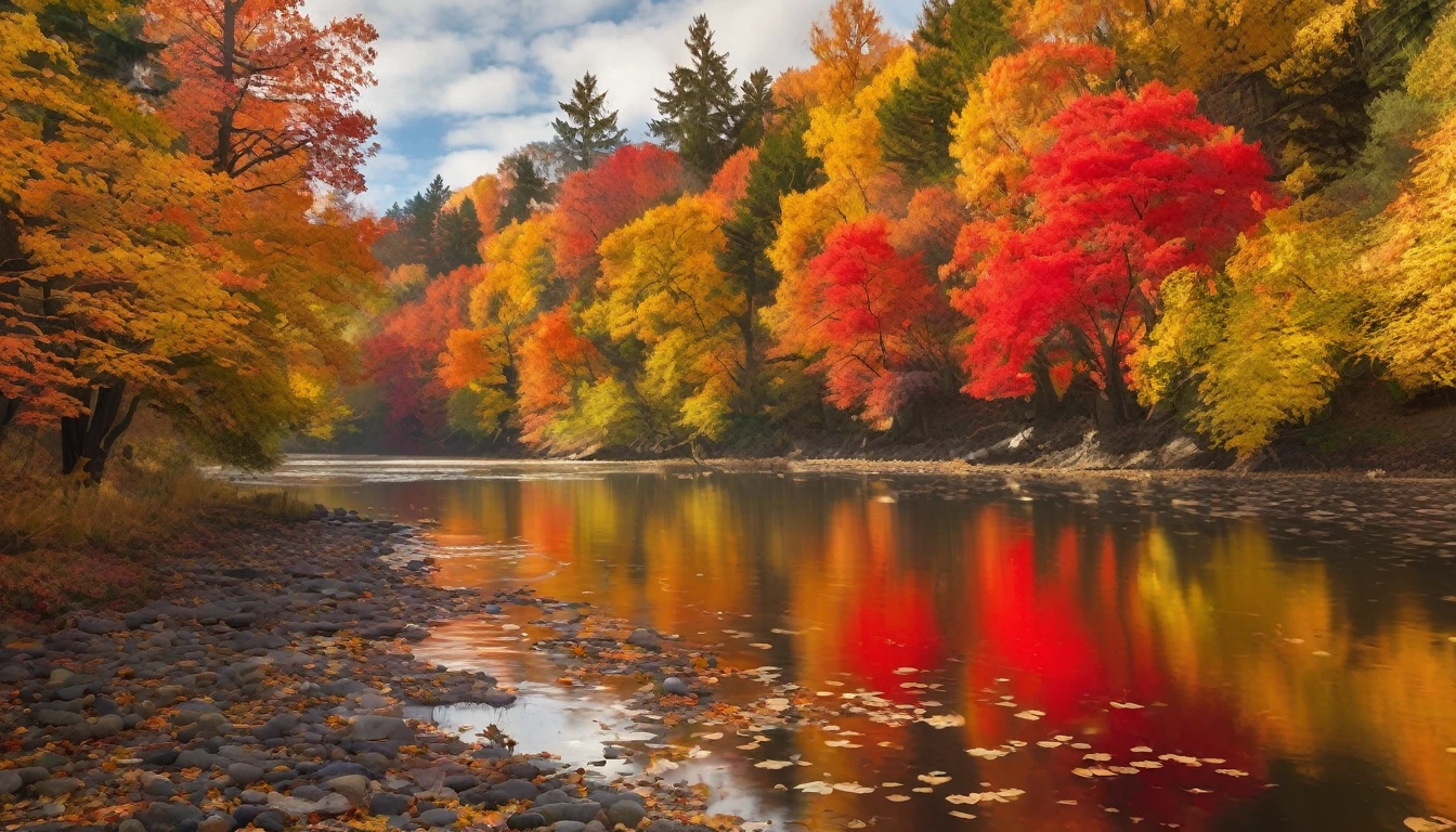 An autumnal scene by a slow-moving river, where the trees are ablaze with red, orange, and yellow leaves. The river reflects the brilliant colors, and fallen leaves float gently on the water's surface. The atmosphere is calm and reflective.
