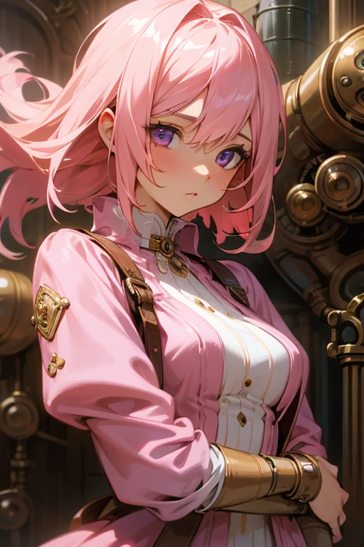 highest quality, masterpiece, Upper Body, woman, Windblown blonde, Shining Eyes, Steampunk Nude Style, Light clothing, Pink clothes, Pink Hair