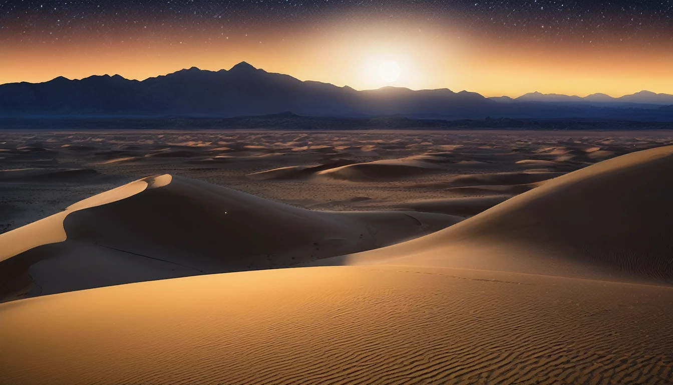 A vast desert under a clear night sky filled with countless stars. The sand dunes glow softly under the starlight, and a gentle breeze stirs the fine sand. The quiet and openness of the desert create a perfect backdrop for peaceful contemplation.