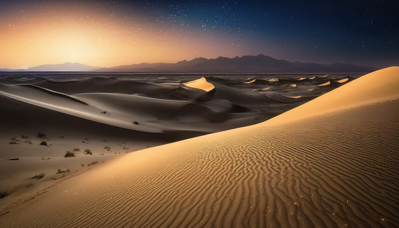 A vast desert under a clear night sky filled with countless stars. The sand dunes glow softly under the starlight, and a gentle breeze stirs the fine sand. The quiet and openness of the desert create a perfect backdrop for peaceful contemplation.