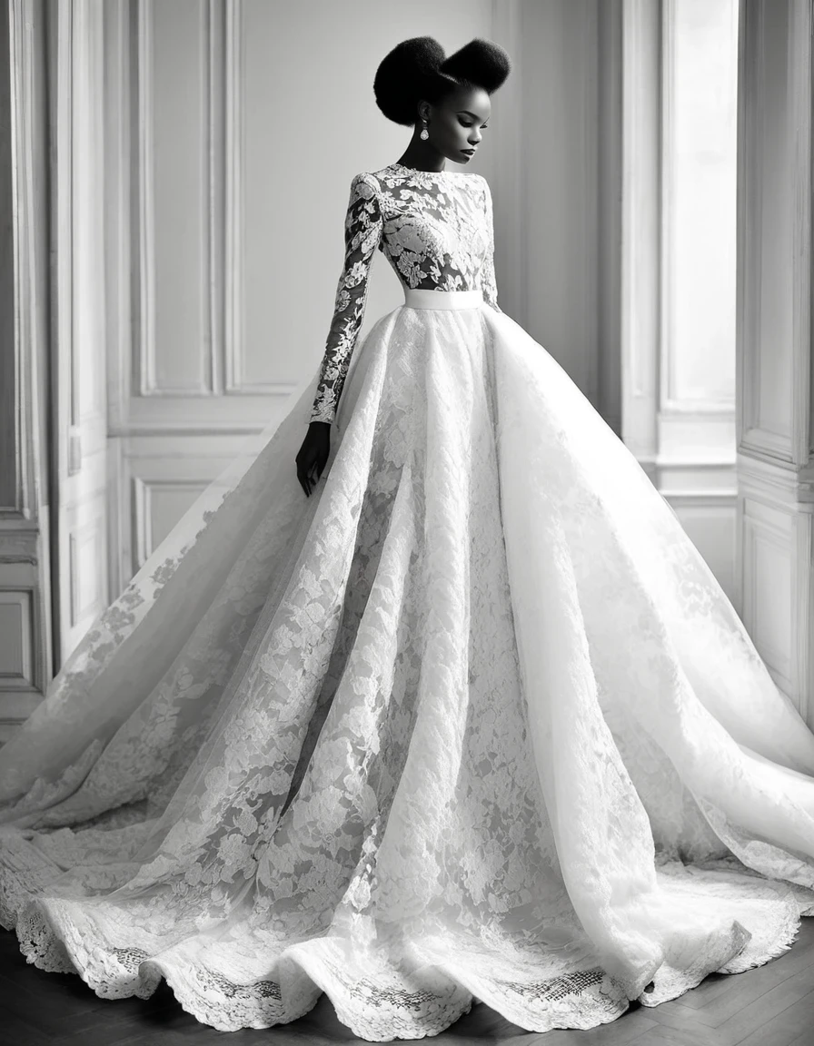 Black and White Fashion Photography,Black model,Haute couture dresses,Lace,Hollow,silk,