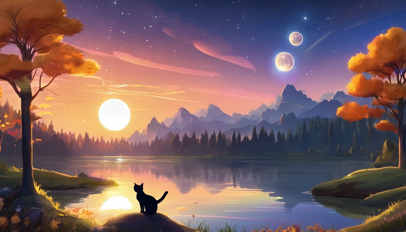 A mesmerizing landscape where the moon and the sun are visible at the same time. The sky blends sunset and night, creating a soft, diffused light. The background features a serene forest and a lake, with the reflections of the moon and sun shimmering on the water. In the foreground, a cute cat-eared wizard is dancing, adding a whi