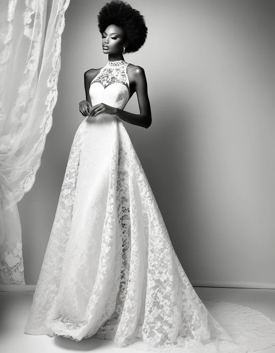 Black and White Fashion Photography,Black model,Haute couture dresses,Lace,Hollow,silk,
