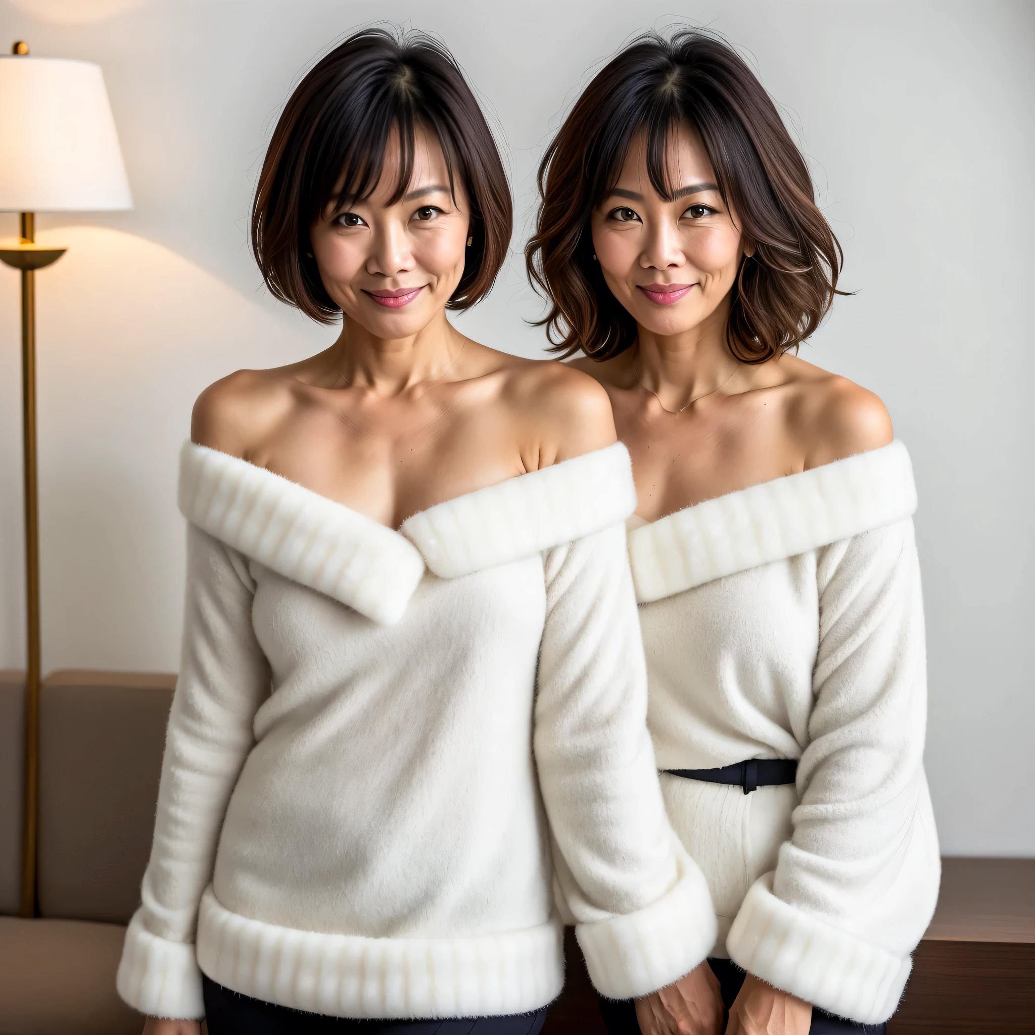 Best quality, detailed, beautiful mature woman from thailand with natural dark blonde hair cut short messy, frais 41 ans, vue de face de tout le corps, Seulement, wearing cozy super sexy Minimalist off shoulder knitwear, very thick white mink fur, clivage , shoulder, humide, to l', texture de peau avec 30G perky et bubblebutt moyen, massive , parfait visible sous les vêtements, Grains de films, Fermer, ultra haute résolution, meilleure ombre, brut, LUT Instagram, regard sensuel satisfait, face frontale , divers angles de prise de vue , 1 main essaie de perdre la tenue du haut