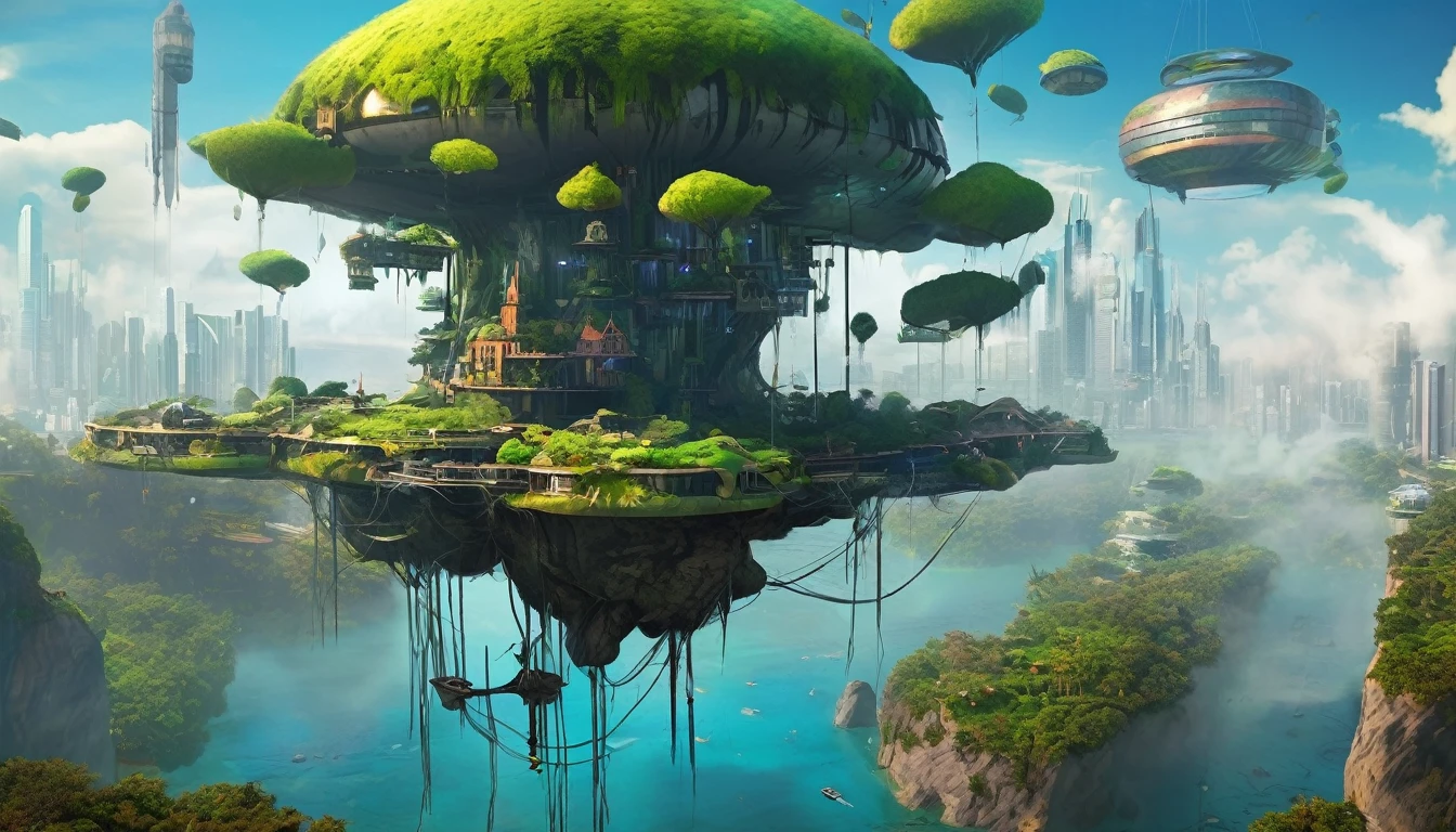 A spooky, futuristic floating island in the air, City, Fantasy, (The bad guy's hideout), (cute), cute, cute, Anime Style, Technical, dark, interesting, Magical Plant Growth, Extreme Detail, Realistic Light, blue sky, A magnificent composition, (Intricate details), (Intricate Design, Super detailed: 1.2), Art Station, (masterpiece, highest quality), Ultra HD, 32k