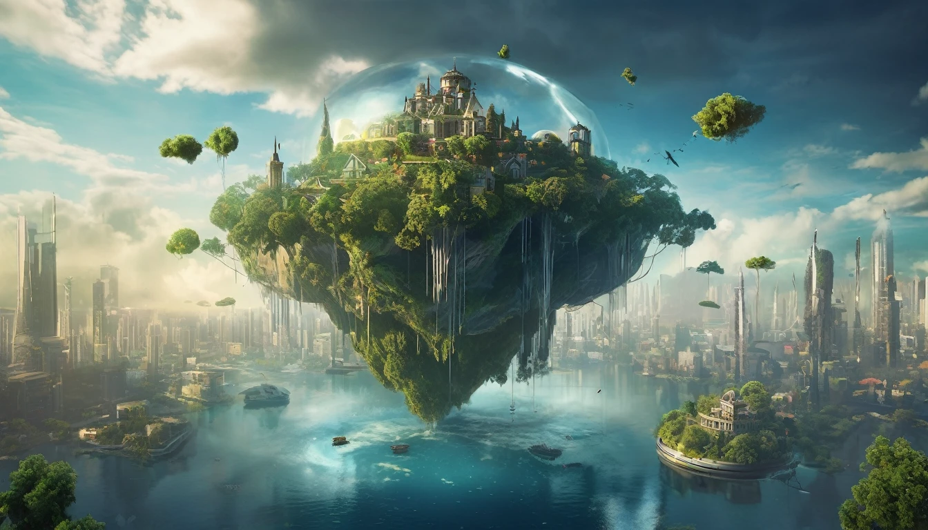 A spooky, futuristic floating island in the air, City, Fantasy, (The bad guy's hideout), (cute), cute, cute, Anime Style, Technical, dark, interesting, Magical Plant Growth, Extreme Detail, Realistic Light, blue sky, A magnificent composition, (Intricate details), (Intricate Design, Super detailed: 1.2), Art Station, (masterpiece, highest quality), Ultra HD, 32k