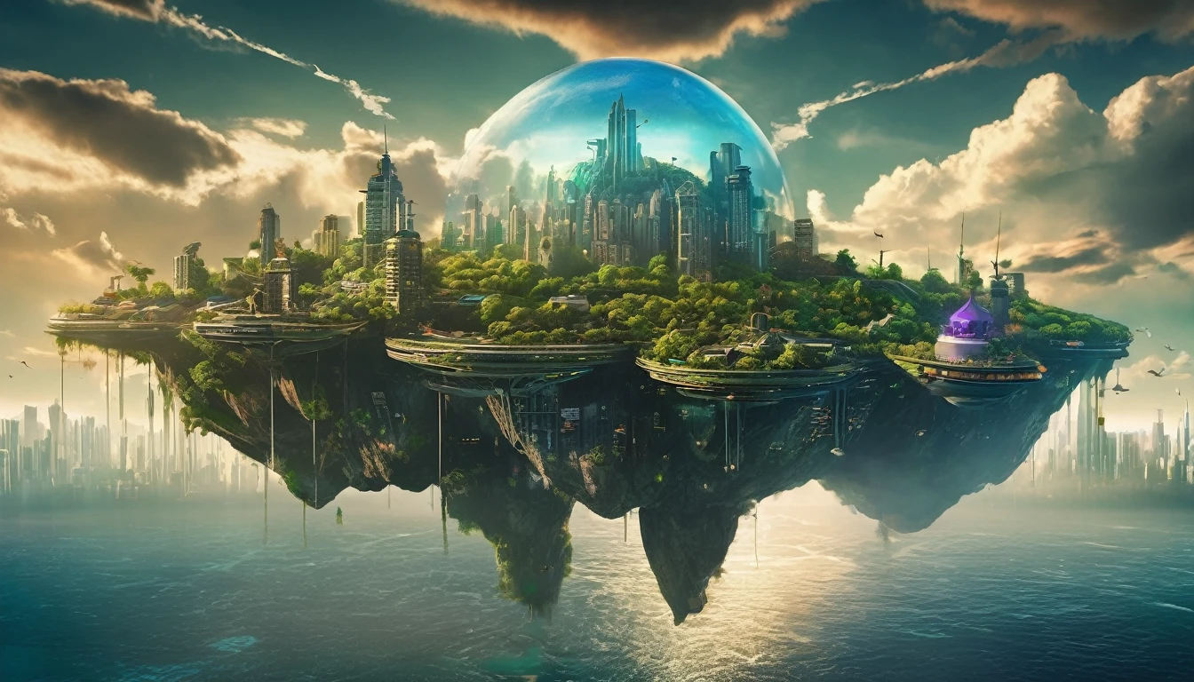 A spooky, futuristic floating island in the air, City, Fantasy, (The bad guy&#39;s hideout), (cute), cute, cute, Anime Style, Technical, dark, interesting, Magical Plant Growth, Extreme Detail, Realistic Light, blue sky, A magnificent composition, (Intricate details), (Intricate Design, Super detailed: 1.2), Art Station, (masterpiece, highest quality), Ultra HD, 32k 