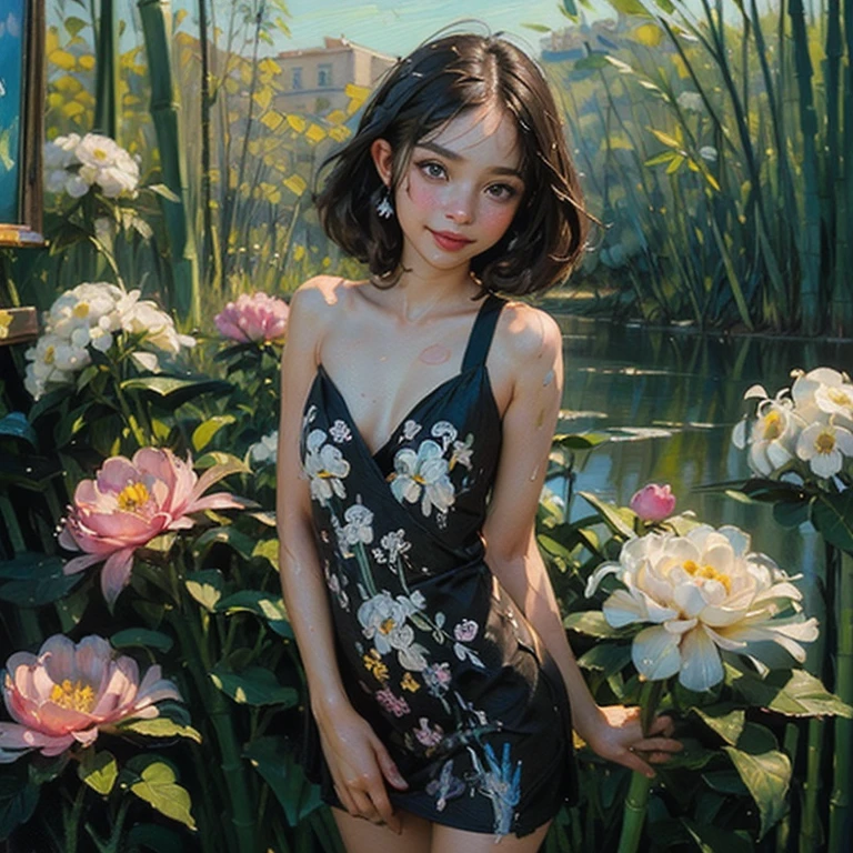 ((create), (young girl, 16 years, naked, full height, dark hair, bright skin, scarlet lips, smile; black, expressive playful eyes, long eyelashes), (female naked body, Fantastic space), (flowers, Chrysanthemums-лилии, peonies, 1 full-length girl-solo, beautiful breasts), (girl, bare shoulders, (ecchi0.5), lips, Splashing water, (flowers:0.6), (birds:0.2), (Bamboo0.1) , (lakes), (very beautiful, naked girl, full height, relaxed posture, slight body twist, facing the viewer, beautiful small breasts), (dressed; black translucent chiffon dress, Golden Line, Very short dress), (calm relaxed posture, hair fluttering in the wind, half a turn, look at the viewer, stylish girl model)).((Background - Fantastic space, flower garden, graphic clear line, stylized - graphic, (lily flowers, peonies, Chrysanthemums ) - (stunning blooming irises; (violet, yellow, blue, white), (Modern style, Modern, very beautiful young girl). (High quality, masterpiece). ((Highest quality workmanship, realism, oil painting, Modern brushwork, master&#39;s hand, mercy, ease of execution)).