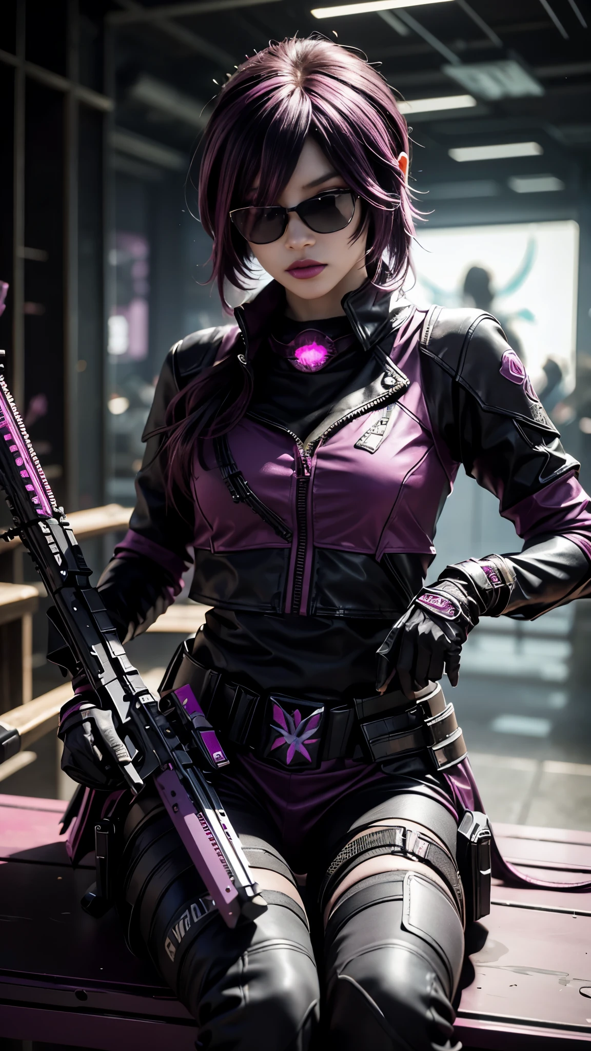 8K, UHD, masterpiece, 1 girl, detailed face, smart face, ((sunglasses)), detailed eyes, sniper rifle in hand, battleroyal, call of duty cosplay, call of duty modern warfare 3, ((ghost tribe)), ((magenta and black cosplay:1.5)), belts, gun, methic gun, futuristic art, cyberpunk lihting, ultra extreme graphics, RTX 4090, ray tracing, bloom, depth of field, motion blur, sitting,