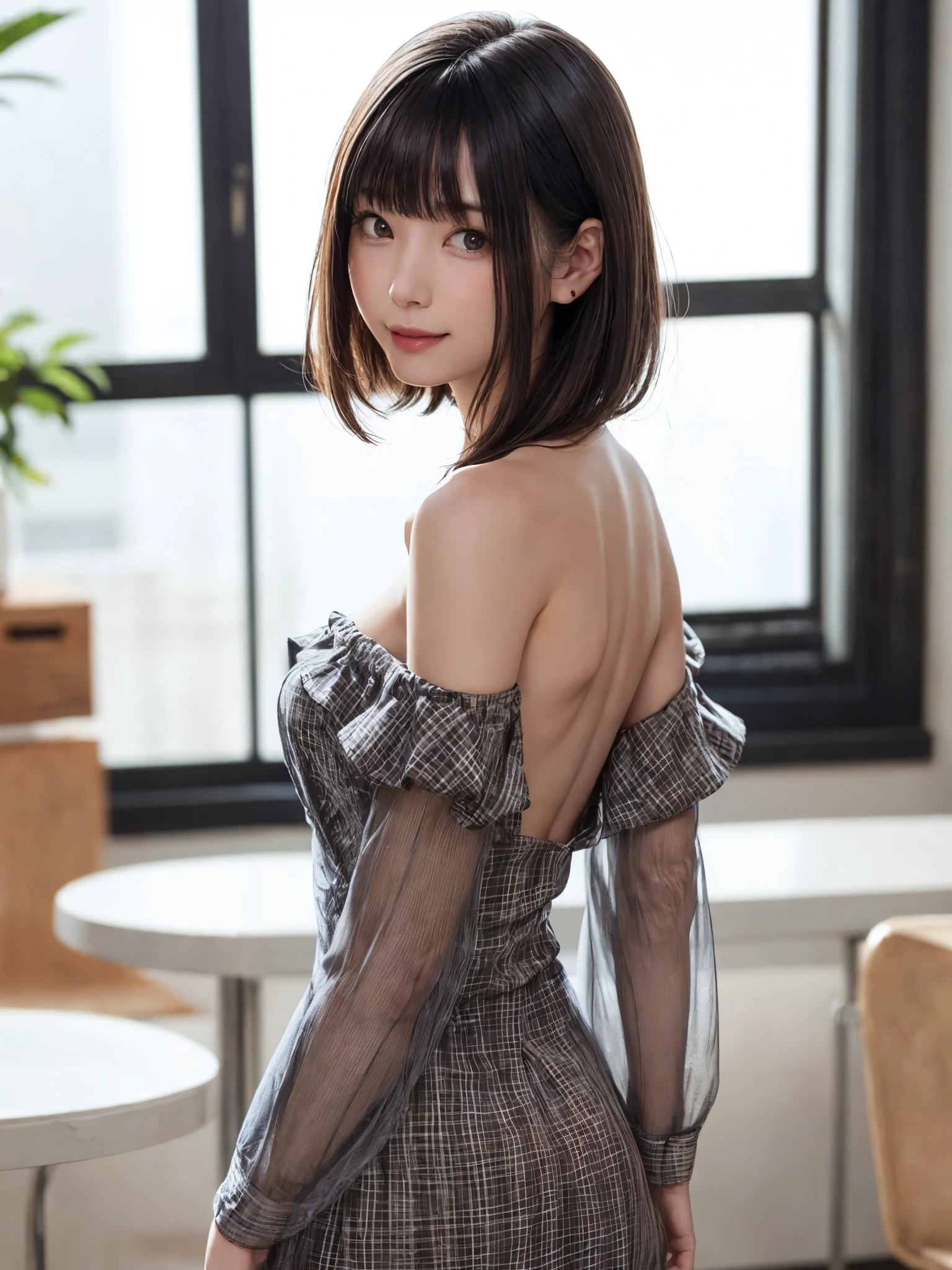 (From the back:1.4、Tabletop:1.4、highest quality:1.4、Best image quality:1.4、Cute beautiful adult woman, Adult smile:1.4、Beautiful Teeth、Lip gloss、Short Brunette Bob、Shiny shiny hair、Has shiny bangs:1.4、bangs:1.4、length, shiny shorthair、length neck:1.4、Show me your ears、Tall Supermodels、Broad shouldered supermodel、{Huge|big|Huge|Mega} chest, Beautiful chest have cleavage)、(Cute school girl、Off-the-shoulder white see-through shirt、Checkered sheer loop pleated short skirt、28 years old)、Very cute and attractive woman