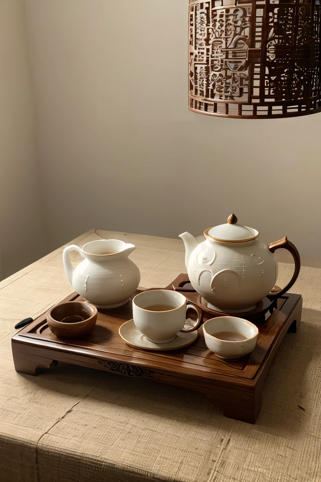 A tea set inspired by Caoxian wood craftsmanship and peony flowers。Including teapot、cup、Tea tray and tea needle。
Cao County traditional wood carving craft cloud pattern、Curly grass pattern、Traditional auspicious patterns such as auspicious clouds, etc. The white porcelain fired at high temperature is delicate, smooth and elegant. The pot body has an oblate shape、Pot lid、Auspicious cloud pattern on the spout、Curly grass pattern内胆白瓷细腻直圆杯型杯身白瓷细腻精美牡丹花手绘图案长方形整体团花纹优质檀木剪纸般精美的牡丹花图案