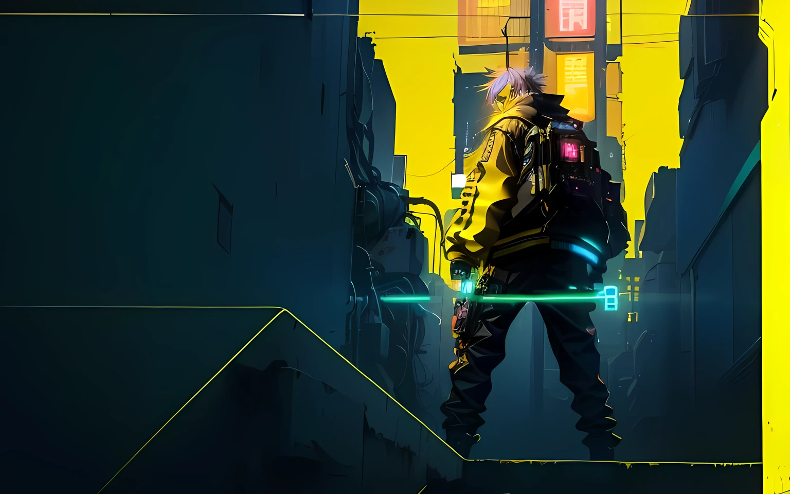 there is a man standing in a doorway with a yellow light, cyberpunk anime art, digital cyberpunk anime art, modern cyberpunk anime, cyberpunk digital art, cyberpunk art style, cyberpunk artstyle, best anime 4k konachan wallpaper, anime cyberpunk art, cyberpunk illustration, neo tokyo background, digital cyberpunk - anime art, cyberpunk art 2077