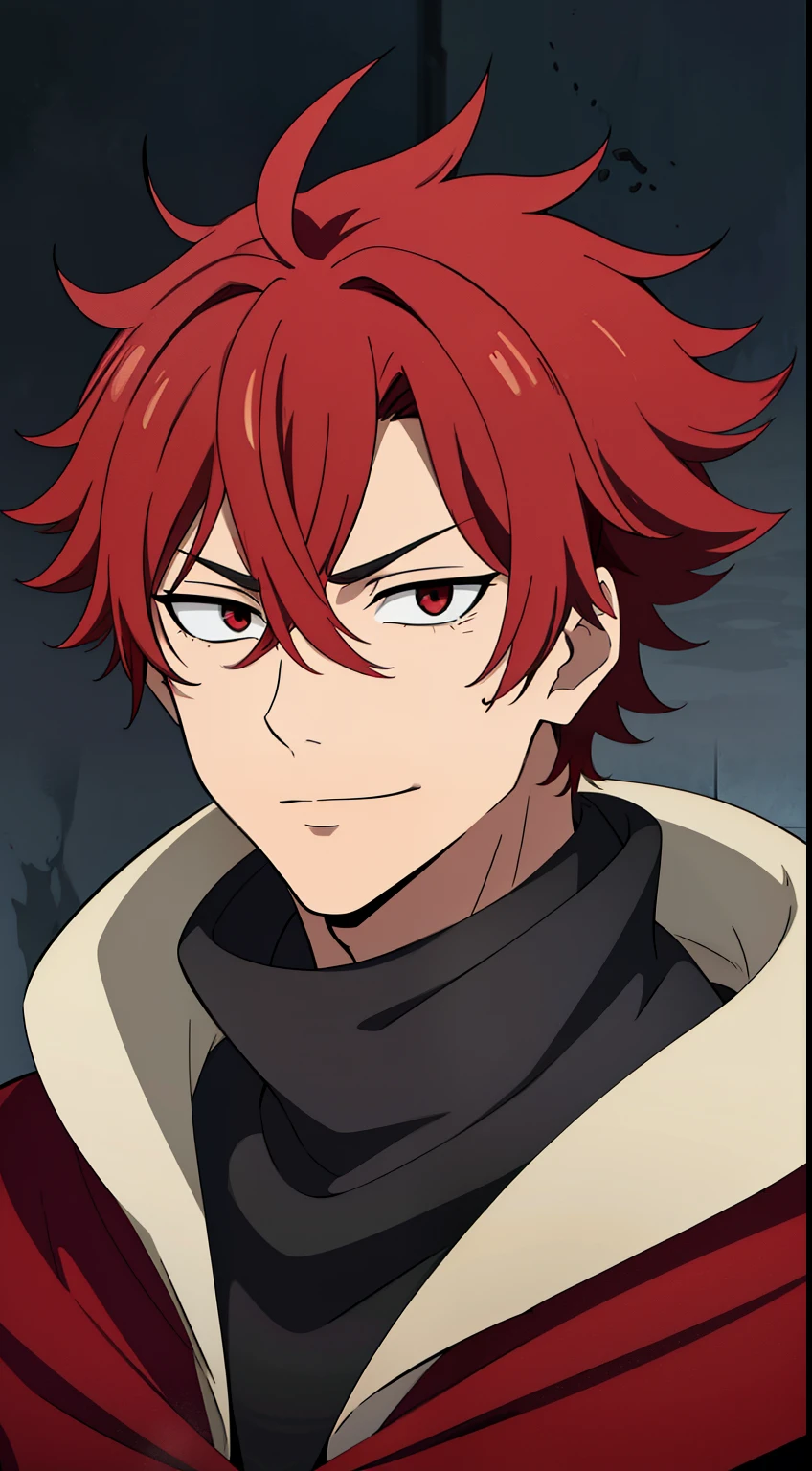 (high-quality, breathtaking),(expressive eyes, perfect face) 1boy, male, solo, age 18, ager age, masculine face, red color hair, red eye color, spiky fluffy hair, short hair length, messy loose hair, red and black, greek god, black scarf, narrow eyes, Symmetrical Eyes, portrait, grey background, confident smirk, Sukuna jujutsu kaisen inspired, villain vibe, handsome