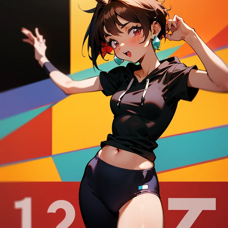 Cute girl in a hoodie、Belly button、Black T-shirt、slender、Tight clothing、Pixie Cut、Sporty、Grown-up、24-years-old、Red-brown hair、Brown Skin、Earrings、