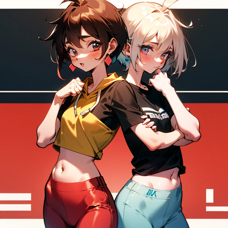 Cute girl in a hoodie、Belly button、Black T-shirt、slender、Tight clothing、Pixie Cut、Sporty、Grown-up、24-years-old、Red-brown hair、Brown Skin、Earrings、