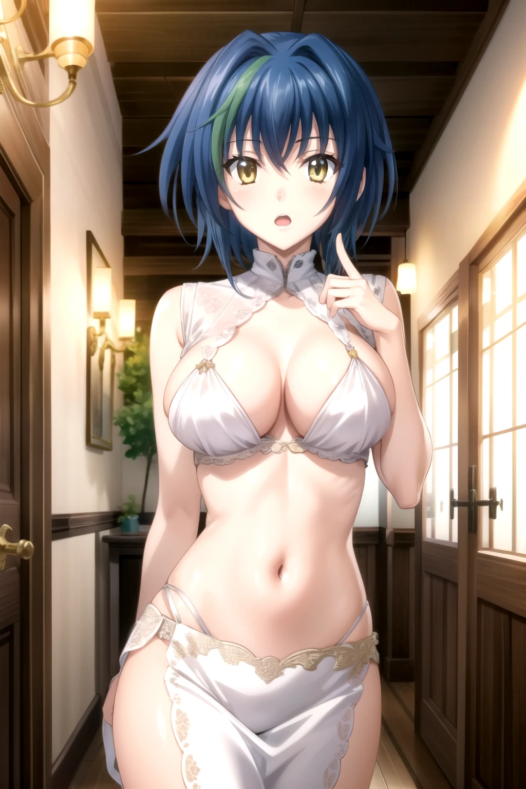 looking at the audience, (open mouth:1.2), (阳Light, bright, 阳Light :1.2) no_DXD_Xenovia, 1 girl,20 years old， solitary, Yellow eyes, Blue Hair, short hair, , Colorful hair, Chest, Green Hair, looking at the audience, Striped hair, Two-tone hair, Hair between the eyes, large Chest, Young women,Fair Finger,Fair long legs,Fair Body,Fair Nose,Fair character design, Perfect eyes, perfect Face,expressive eyes, looking at the audience,(Dominant_Body),(Focus on her Face), Official Art,Extremely detailed CG unity 8k wallpaper, Perfect Lighting,rich and colorful, bright_front_Face_Light,發Light的皮膚, (masterpiece:1.0),(the best_quality:1.0), Ultra-high resolution,4k,Super detailed, photography, 8K, HDR, high resolution, absurd:1.2, Kodak Portrait 400, Film Grain, Blurred background, Bokeh:1.2, 鏡頭Light暈, (Energetic_color:1.2) (Fair,Big goals_Chest:1.4), (Fair_Face:1.5),(narrow_waist),,wedding dress, wedding gown, bride