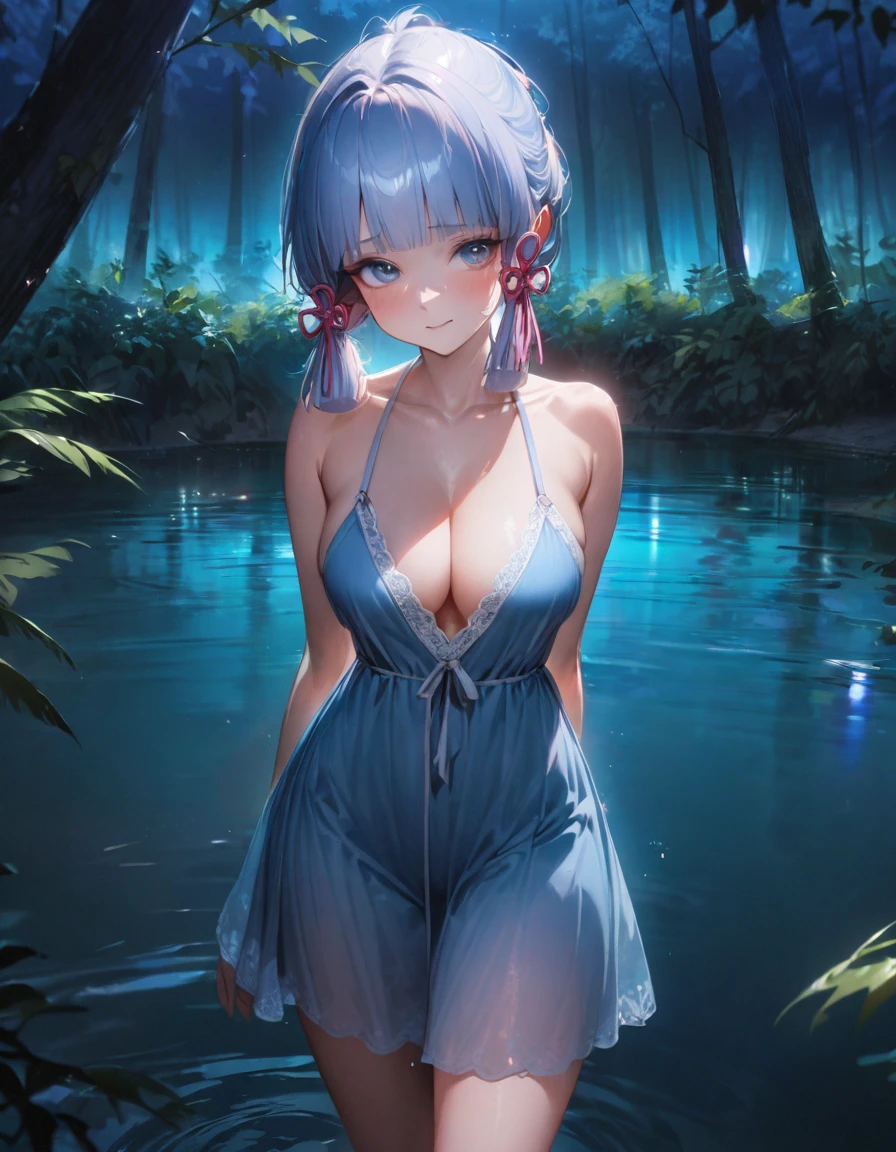 (SFW), ultra-detailed, best quality, illustration, detailed textures(realists), vivid colors, soft lighting, blushing, mature, no bras, hair fluttering, soft skin, beautiful, 4K, medium breasts, cleavage, kamisato_ayaka, solo, bright eyes, standing, slim body, narrow waist, (from front:1.5), bare thigh, beautiful-detailed eyes, ((blue night gown, no sleeves night gown)), ((forest background, standing in the pond, nighttime, dark forest with moonlight seeping through the canopy)),